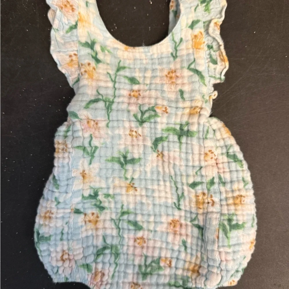 Angel Dear Blue/Ivory Magnolias Cotton Gauze Sunsuit-6-12 Month